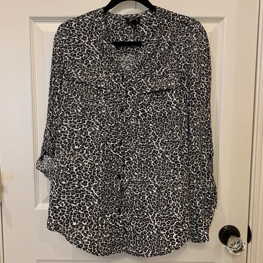 Black, white and taupe animal print blouse. Size M